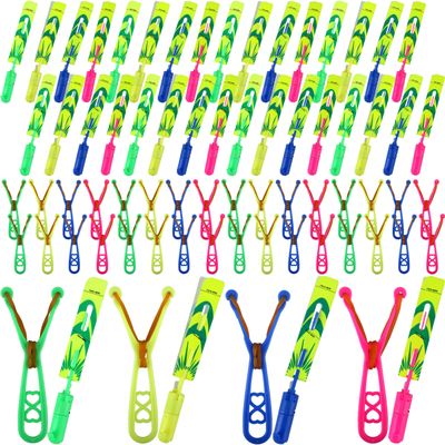 Cagemoga 72 Pcs Rocket Slingshot Flying Toys with LED Lights and Whistle Includes 36 Pcs Arrow Helicopter and 36 Pcs Launchers for Kids Outdoor Game Glow in The Dark Party Supplies