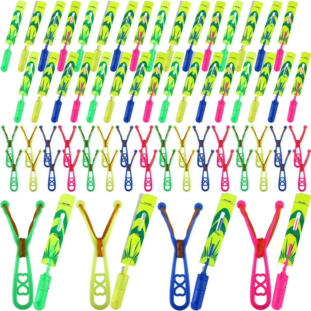 Cagemoga 72 Pcs Rocket Slingshot Flying Toys with LED Lights and Whistle Includes 36 Pcs Arrow Helicopter and 36 Pcs Launchers for Kids Outdoor Game Glow in The Dark Party Supplies