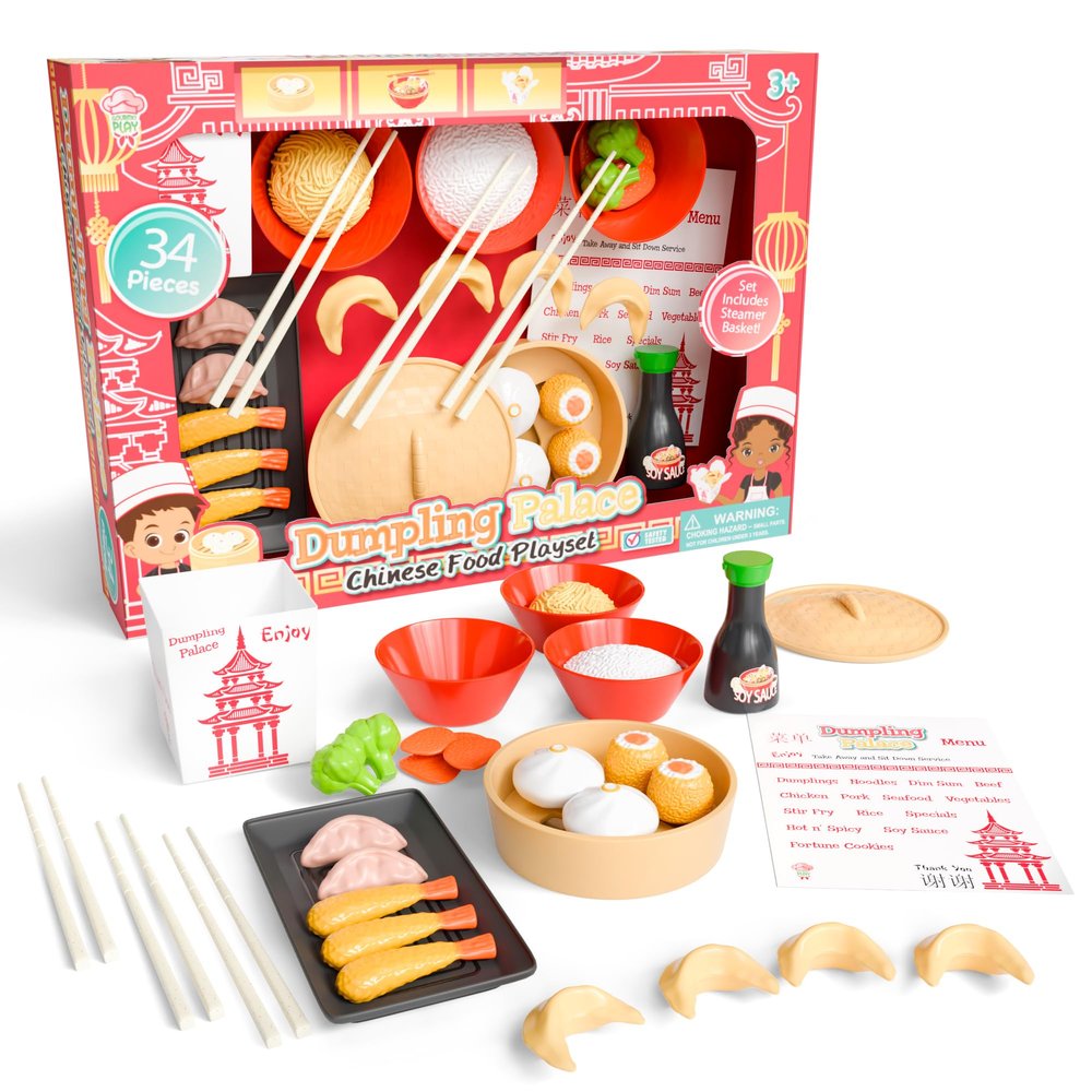 Lollipop Dumpling Palace Chinese Food Playset for Kids 34-Piece Set for Toddlers 3+, Gourmet Play Kitchen with Realistic Food Items for Creative Play and Learning