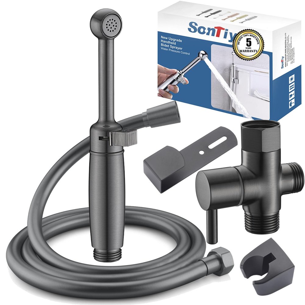 SonTiy Handheld Bidet Sprayer for Toilet, Cloth Diaper Sprayer Set Hand Held Bidet Jet Spray for Toilet with Backflow Preventer, Adjustable Water Pressure Control, Brass, Black Stainless