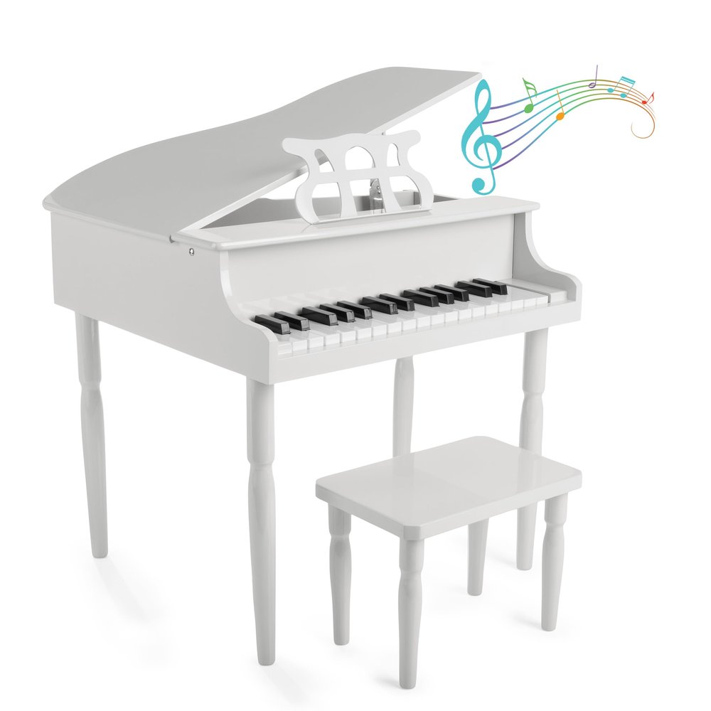 Kids Piano - 30 Key Mini Grand Piano with Music Stand, Bench, and Note Stickers - for Beginners - Instruments for Kids by Hey Play (White)