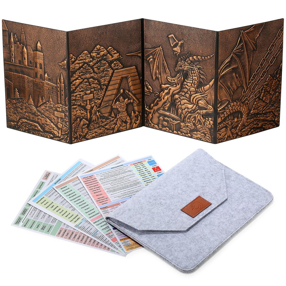 DNDND DM Screen 3D Faux-Leather Embossed Dragon with Four-Panel Pockets, DND Master Screen with Gorgeous Gift Flet Case for D&D Dungeons and Dragon Tabletop Game (Copper)