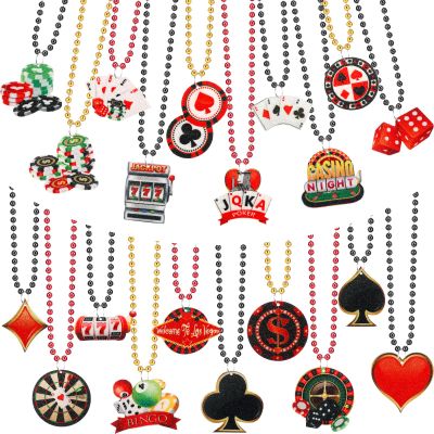 Ecally 100 Pcs Casino Night Beaded Necklaces Bulk 12-20 Styles Casino Dice Dollar Sign Necklaces for Birthday Theme Party Favors