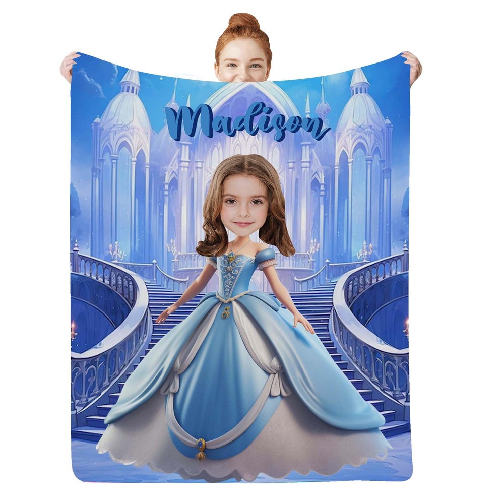 Artsadd Custom Princess Baby Blanket with Face Name, Personalized Kids Photo for Girls Daughter Niece, Princess Lovers Gift, Cartoon Picture Name for Christmas Birthday Gifts