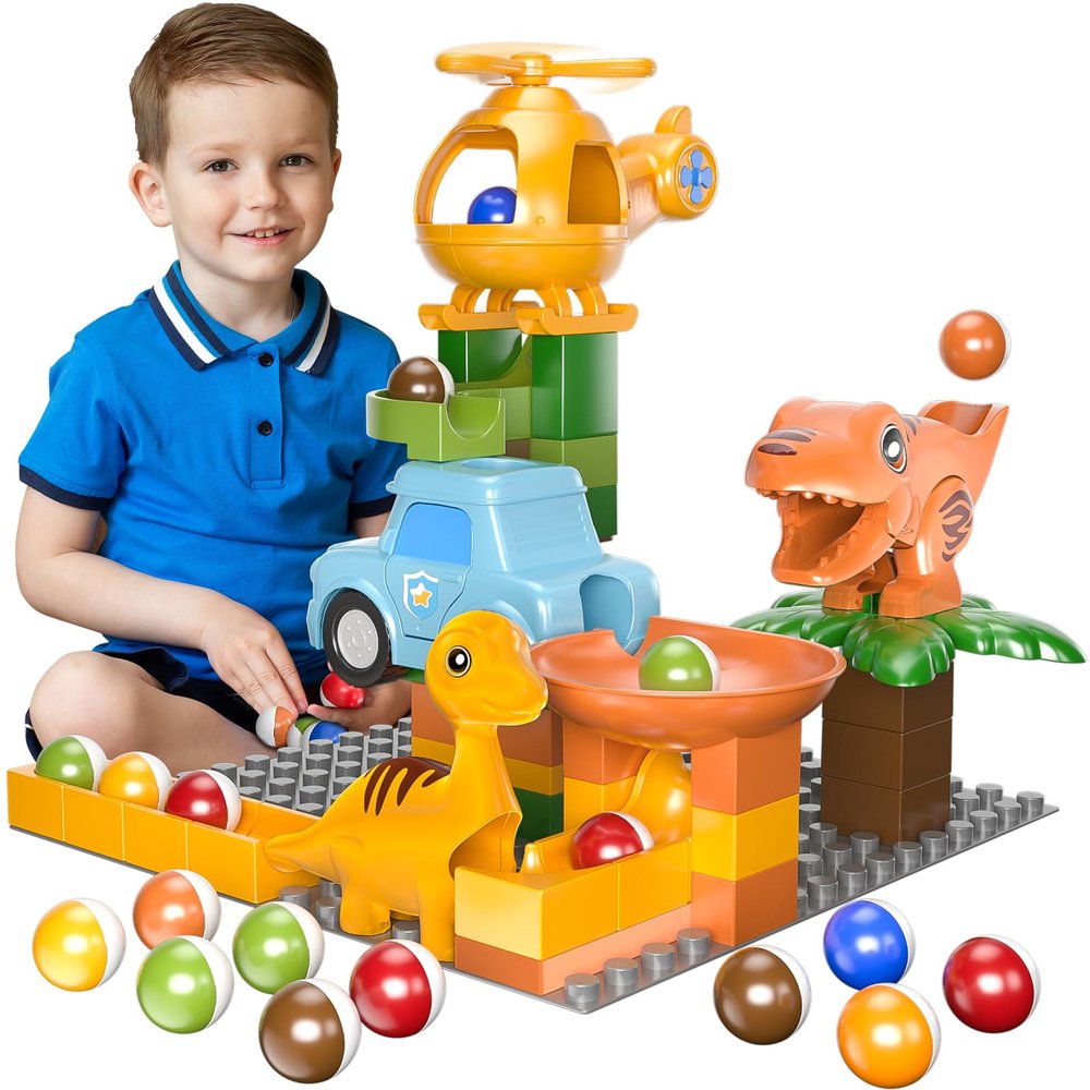 Airkid Marble Runs for Kids 4-8,Marble Run for Kids Ages 3-5 with Dinosaur Building Blocks, Montessori Learning STEM Building Toys with 4 Marble Track Compatible with Major Brands 10.04*10.04*10.63
