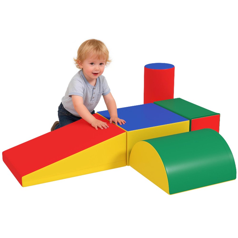 Soozier 5 Piece Climb and Crawl Activity Play Set, Baby Soft Play Set, Foam Climbing Blocks for Toddlers, Kids Preschooler Indoor Play Equipment Assorted