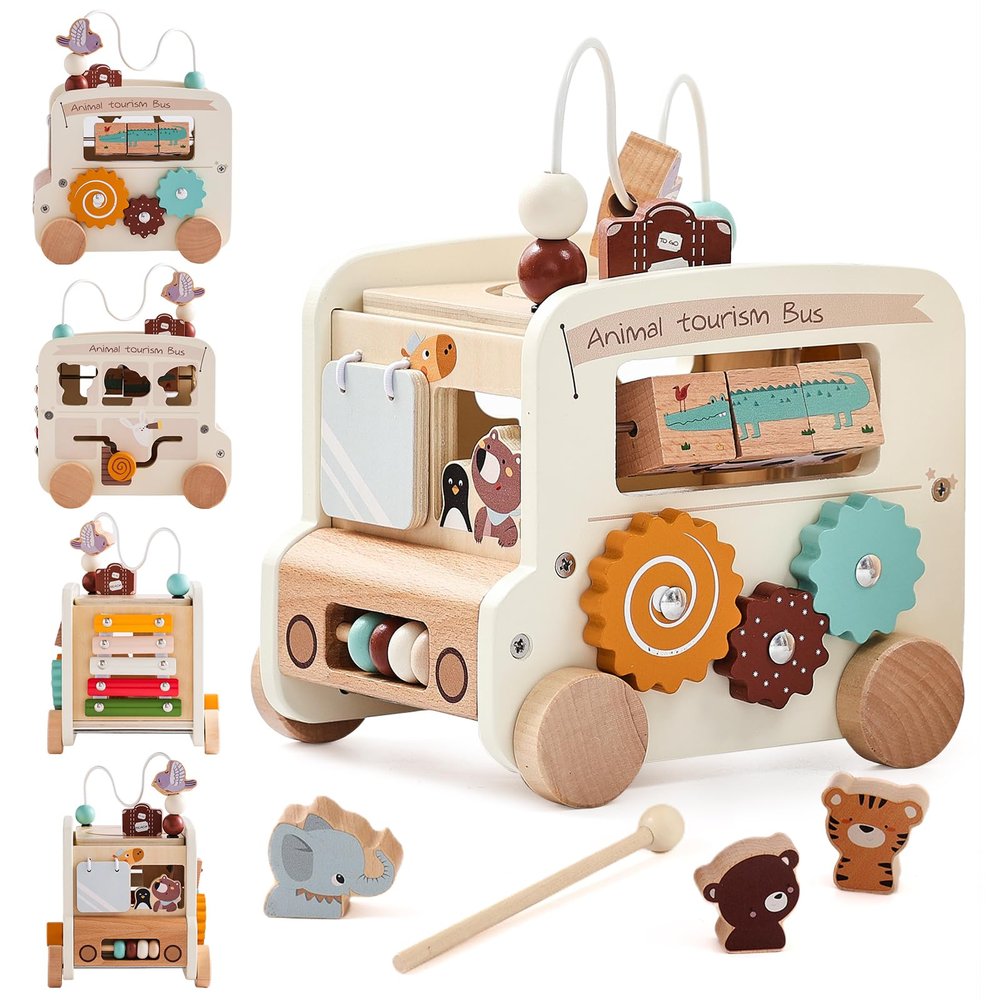 Ikubigu Wooden Activity Cube - 8 in 1 Montessori Toys Boys Girls, Multipurpose Educational Learning Toys for Toddlers Baby Activity Cubes with Animal Tourism Bus Theme