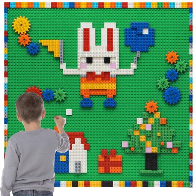 MIMAX Customize Building Block Wall, 470+ PCS Activity Toys Bricks with Self Adhesive Baseplate 8PCS (20"x10") for All Major Brands, Art Build On Table, Green