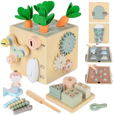 Auezona Montessori Toys for 1 Year Old - 4 Year Olds, 10 in 1 Wooden Busy Activity Cube for Toddlers, Preschool Educational Toys, Birthday, for Boys Girls Aged 1 2 3 4 Year