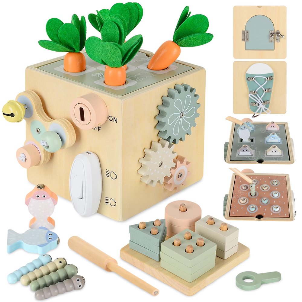 Auezona Montessori Toys for 1 Year Old - 4 Year Olds, 10 in 1 Wooden Busy Activity Cube for Toddlers, Preschool Educational Toys, Birthday, for Boys Girls Aged 1 2 3 4 Year