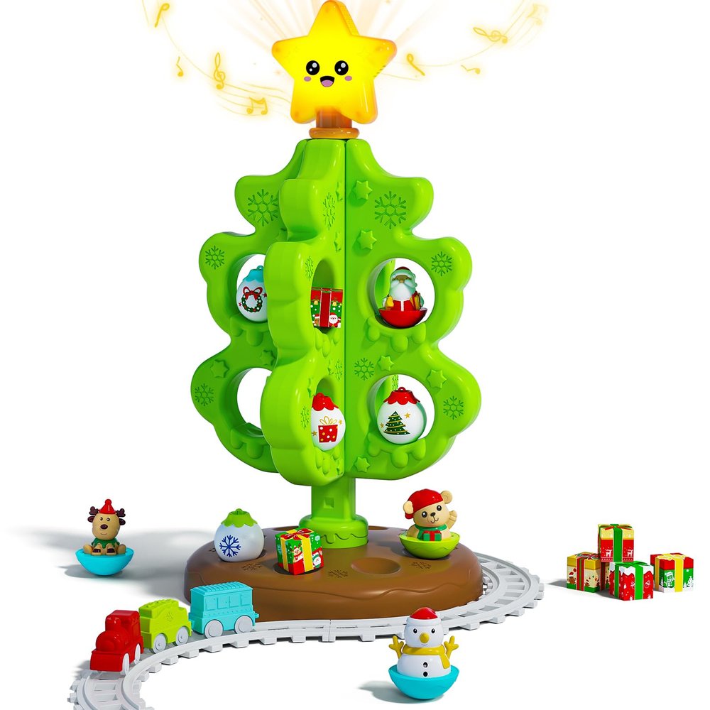 Surelect My First Christmas Tree for Toddlers, Musical Light Up Montessori Decor Toy with Ornaments, Mini Train Set, Roly Poly Toys, Finger Puppets, Birthday Xmas Gifts for Little Kids Boys and Girls