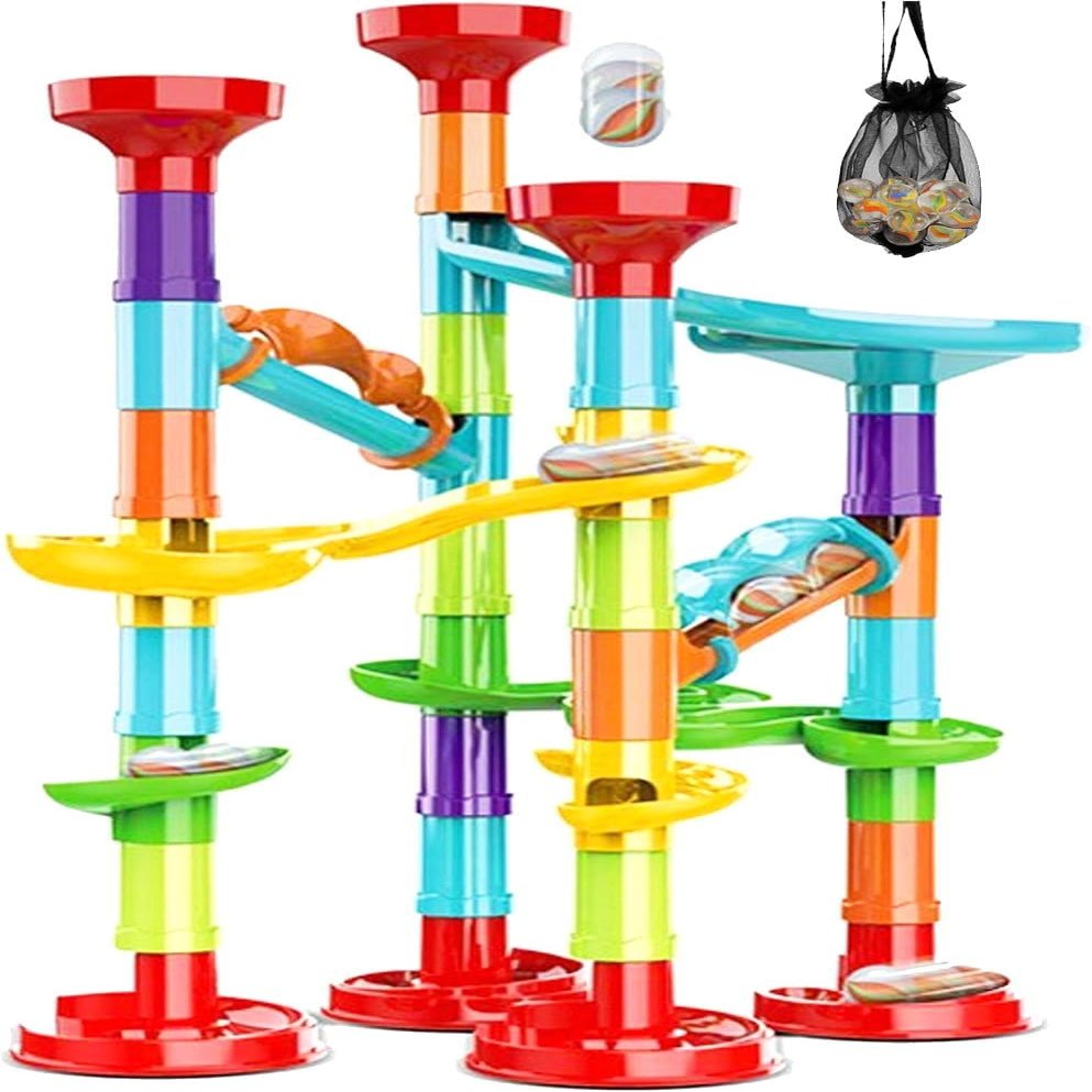 PLMMOUT 50Pcs Marble Run,Marble Track Educational Learning Toy,Marble Maze Construction Building Blocks with 30 Glass Marbles,Small Marble Runs Game for Girls Boys Birthday Gifts
