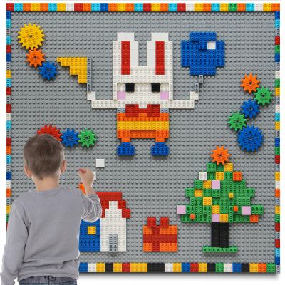 MIMAX Customize Building Block Wall, 470+ PCS Activity Wall Mount Toys Bricks with Self Adhesive Baseplate 8PCS (20"x10") for All Major Brands, Art Build On Table Wall, Gray