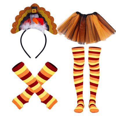 4 Pcs Tutu Costume Set - Turkey Trot Costume with Turkey Headband, Tutu Skirt, Knee Socks for Runners - Yellow