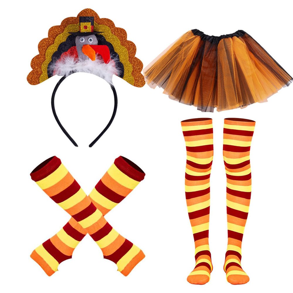 4 Pcs Tutu Costume Set - Turkey Trot Costume with Turkey Headband, Tutu Skirt, Knee Socks for Runners - Yellow