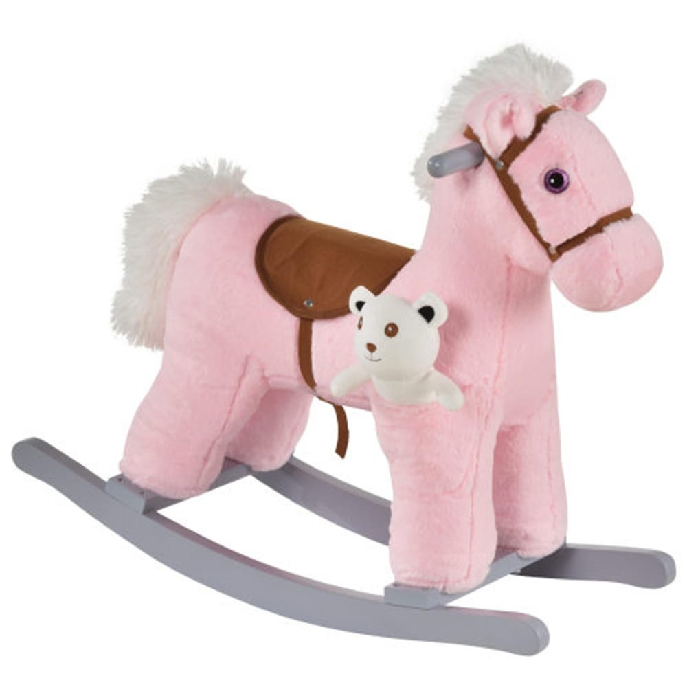 Plush Ride-On Rocking Horse with Bear Toy, Ride-On Toy for Kids, Children's Chair with Soft Plush Toy and Fun Lifelike Sounds, Pink