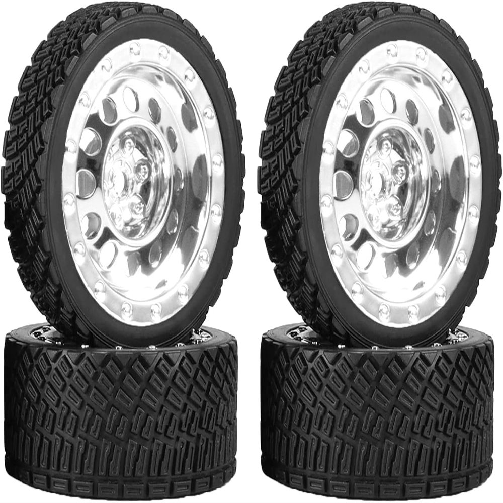 4PCS 1/10 RC Rally Car Rubber Tires 65mm and 6-Spokes Wheel Rims 12mm Hex for Axial SCX10 D90 TF2 Tamiya TRX-4 Parts(Silver A)