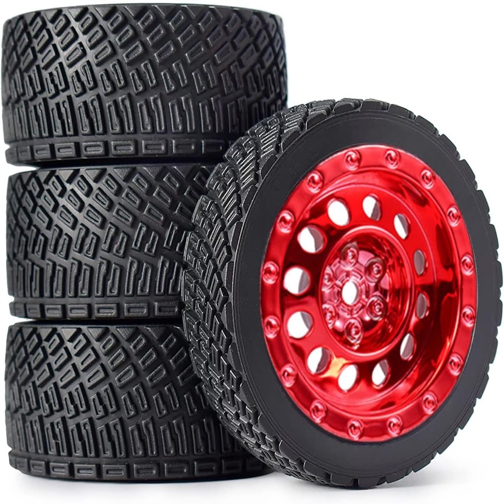 4PCS 1/10 RC Rally Car Rubber Tires 65mm and Plastic Vintage Wheel Rims 12mm Hex for Axial SCX10 D90 TF2 Tamiya TRX-4 Parts (Red A)