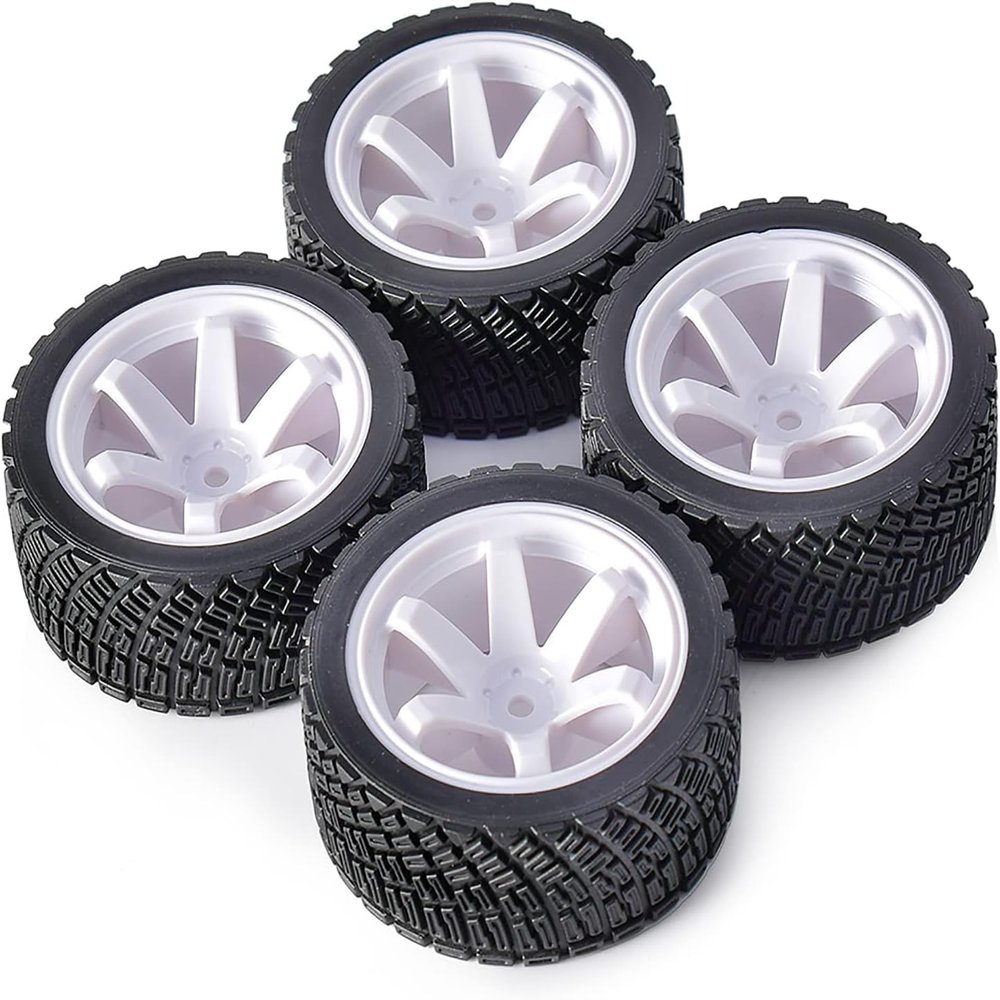 4PCS 1/10 RC Rally Car Rubber Tires 65mm and 6-Spokes Wheel Rims 12mm Hex for Axial SCX10 D90 TF2 Tamiya TRX-4 Parts(White B)