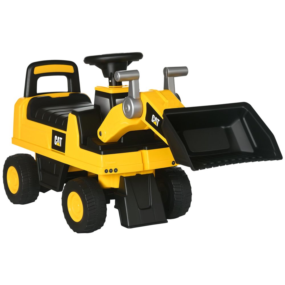 Aosom Caterpillar CAT Licensed Ride on Excavator for Kids, Digger Construction Vehicle with Manual Shovel, Horn, Hidden Storage, Foot to Floor No Power Car for Years 1.5-3