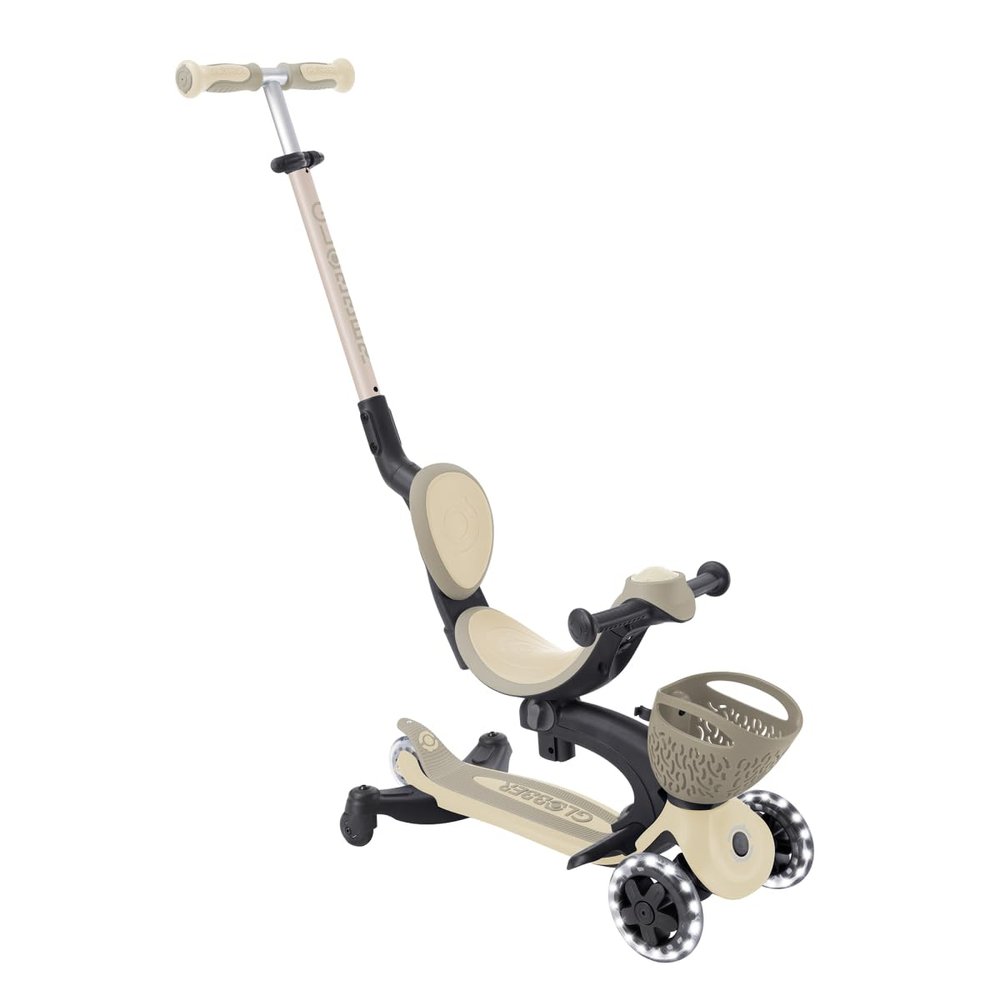 Globber - GOUP Baby 360 Lights - Scalable Scooter, 3 Wheels with Seat and Backrest, for Children from 15 Months to 6 Years, Taupe
