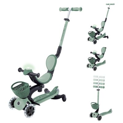 Globber - GOUP Baby 360 Lights - Scalable Scooter 3 Wheels with Seat and Backrest for Children from 15 Months to 6 Years, Sage Green