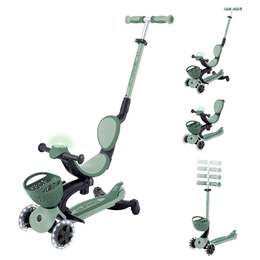 Globber - GOUP Baby 360 Lights - Scalable Scooter 3 Wheels with Seat and Backrest for Children from 15 Months to 6 Years, Sage Green