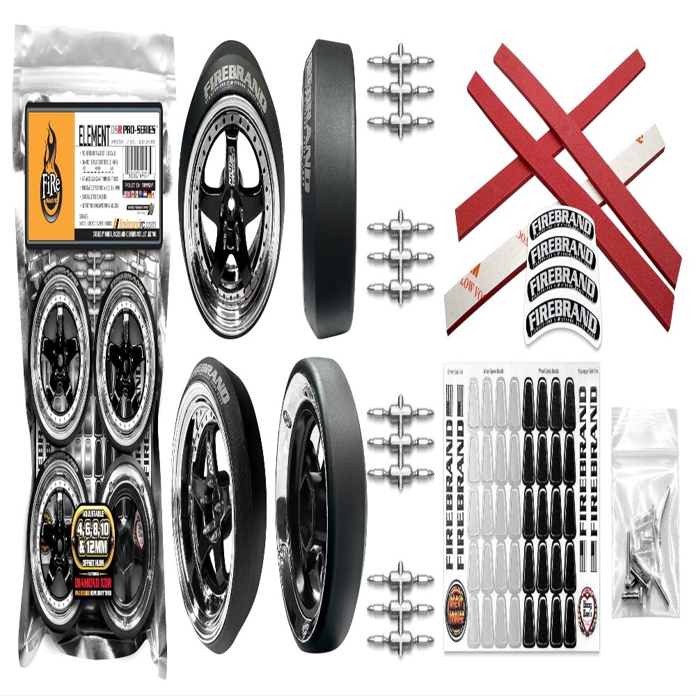 FIRE BRAND RC Element-DSR PRO Series 5 Beveled HDPE Competition Tires, RC Drift Set Black/Chrome On-Road RC Drift (1:10 Scale) Adjustable Hub Off-Sets (Set of 4), RC Drift Wheels, RC Drift Tires