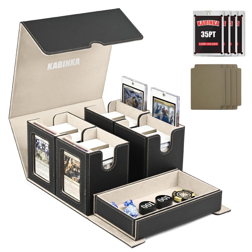 Card Deck Box for MTG with Commander Display, 5 in 1 Card Storage Box Fits 400+ Double-sleeved Cards, Removable Deck Case for TCG/Sports Cards with Dice Tray, 4 Magnetic Card Holders (Black Gold)