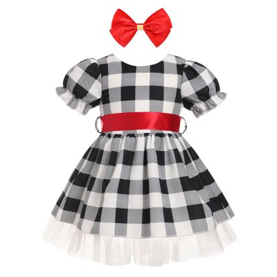 50s Baby Girl Outfit Black and White Plaid Dress Toddler Pin Up Dresses 50s Girl Black White Checkered Dress with Belt Black White Plaid 4-5 Years