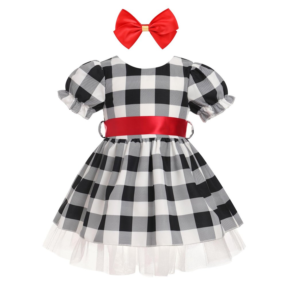 50s Baby Girl Outfit Black and White Plaid Dress Toddler Pin Up Dresses 50s Girl Black White Checkered Dress with Belt Black White Plaid 4-5 Years