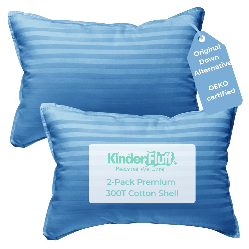 kinder Fluff Children Pillows (2-Pack) 17x26in 300T Soft Cotton & Down Alternative  Hypoallergenic, Machine Washable, Ideal for Kids Ages 12+, Bed & Travel Use Blue- XL