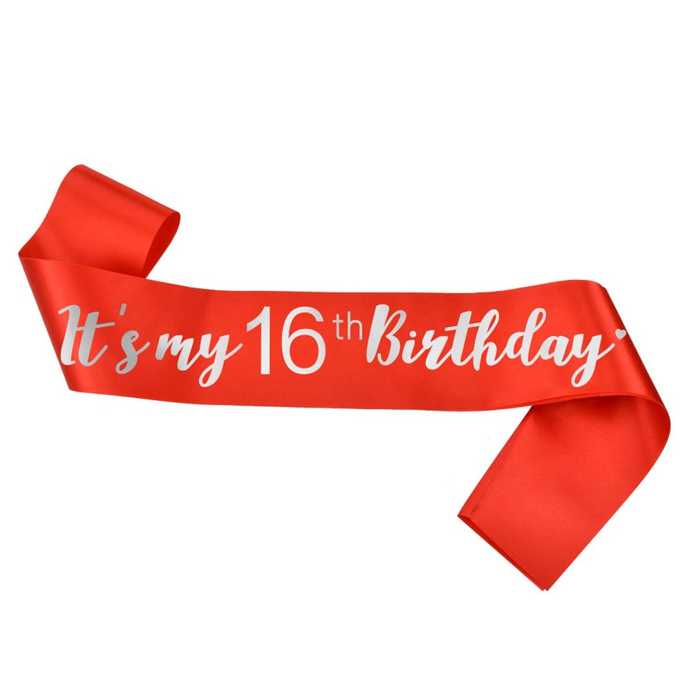 16th Birthday Sash Red, Sweet 16 Sash Silver, Birthday Girl Sash for Birthday Gifts Party Decorations and Supplies, Red with Silver