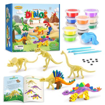 Drama Planet Dinosaur Air Dry Clay Kit Create 5 Dinosaur Models with 12 Colors of Modeling Clay, Instruction Guide Fun & Educational Craft Set for Kids