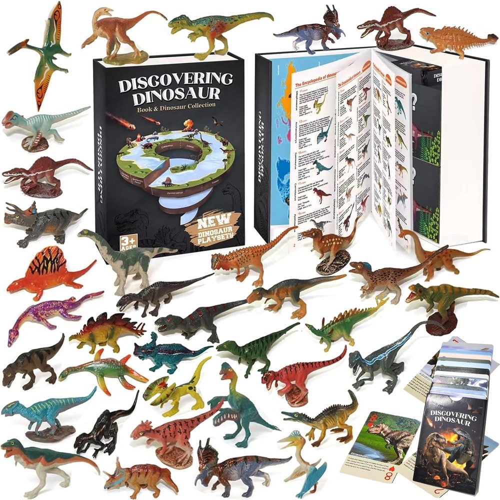 BIWASE Dinosaur Toys for Kids 3-5 5-7, 50 pcs Realistic Dinosaurs with Book & Dinosaurs Learning Cards - Educational Small Dinosaur Figures for Party Favors Gifts, Boys and Girl 8-12 Year Old