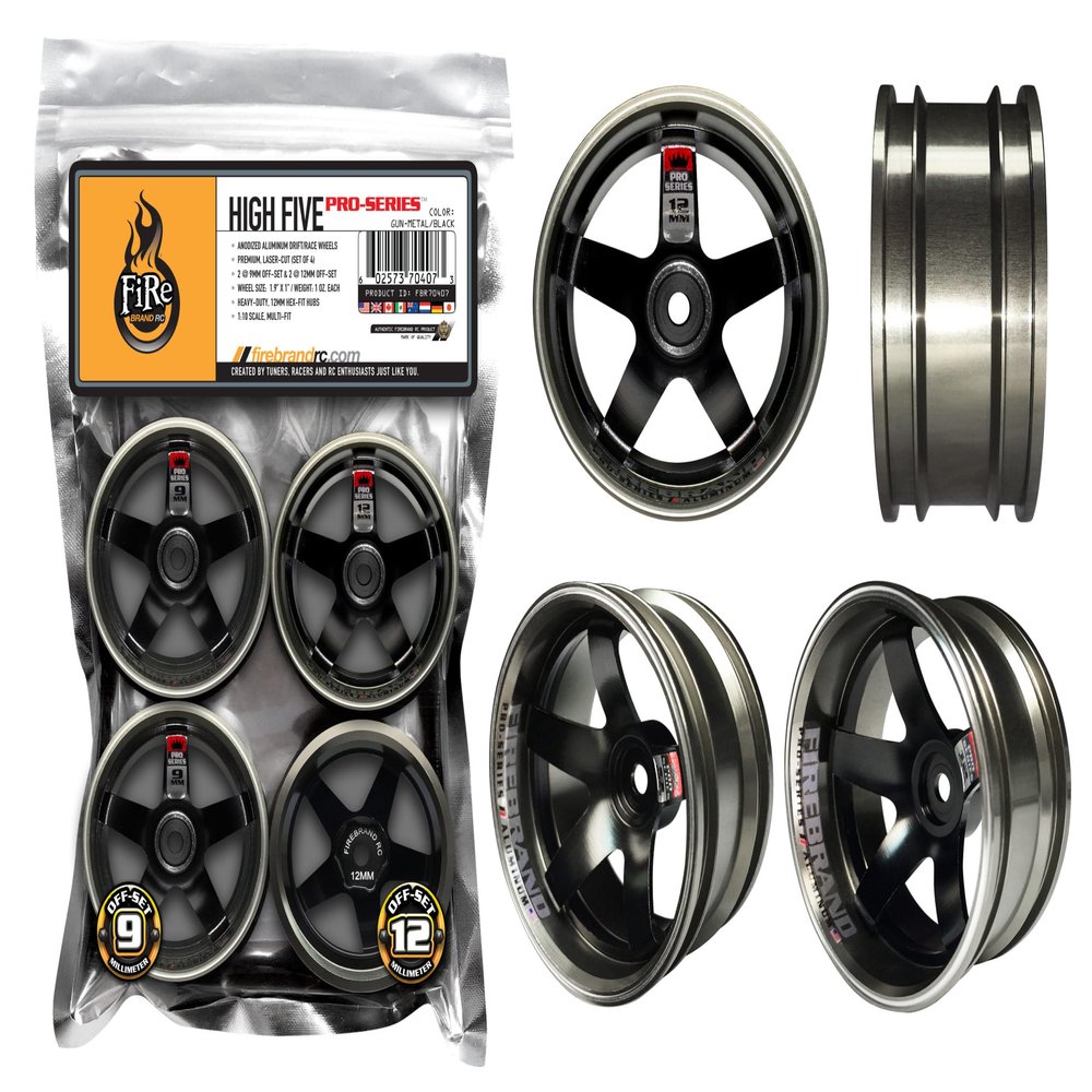 FIRE BRAND RC HighFive PRO Series RC Car Wheels, Dual Off-Set Wheel Set Gun-Metal/Black (Set of 4) Two 9mm Offset Wheels and Two 12mm Off-Set Wheels 1:10 Scale, 12mm Hex-fit Hubs