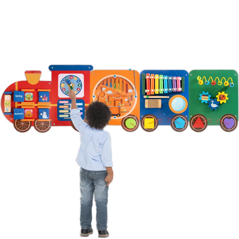 Train Activity Wall Busy Board Panels | 11-in-1 Wooden Sensory Wall Panel for Kids, Toddler Montessori Learning Activity Center, Perfect for Toddler Playroom Nursery Classroom Dentist Waiting Room