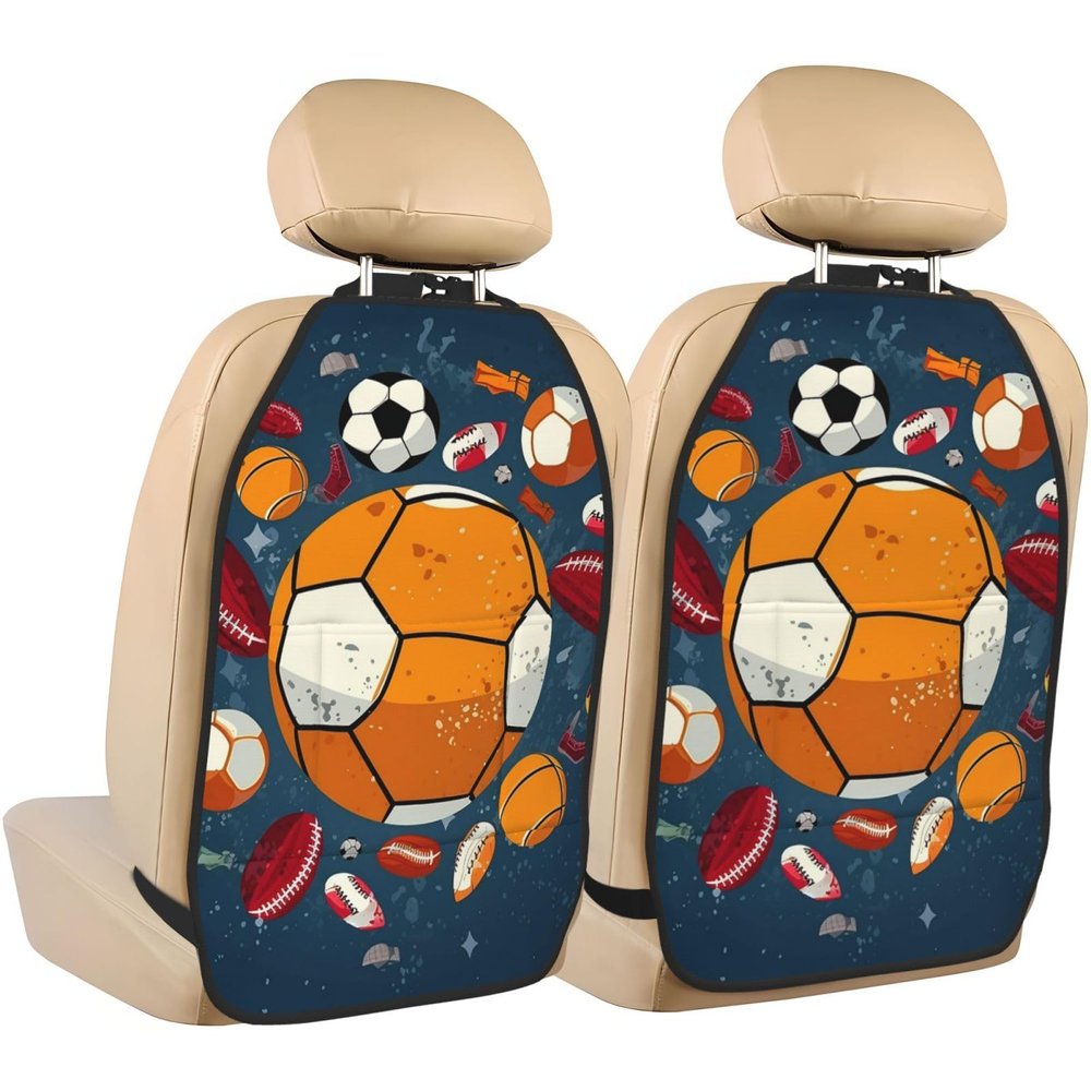 VTCTOASY Kick Mat Back Seat Protector for Car 2 Pack Extra Large Car Back Seat Cover with 3 Storage Pockets Waterproof Seat Back Protector Sports Ball Design Backseat Car Organizer for Trucks SUV