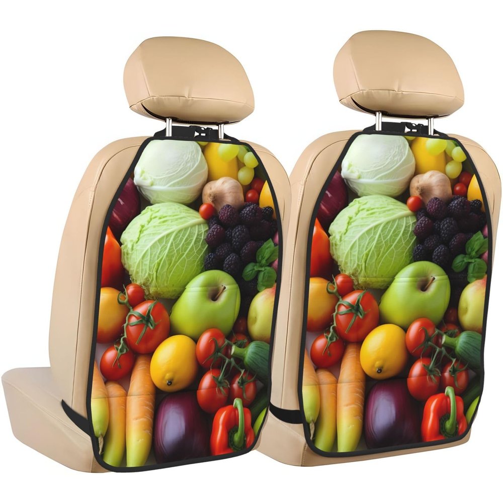 Kick Mat Back Seat Protector for Car 2 Pack Extra Large Car Back Seat Cover with 3 Storage Pockets Waterproof Seat Back Protector Fresh Fruits and Vegetables Backseat Car Organizer for Trucks SUV