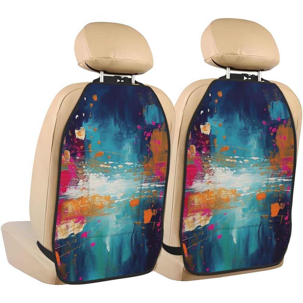 VTCTOASY Kick Mat Back Seat Protector for Car 2 Pack Extra Large Car Back Seat Cover with 3 Storage Pockets Waterproof Seat Back Protector Abstract Oil Painting Backseat Car Organizer for Trucks SUV