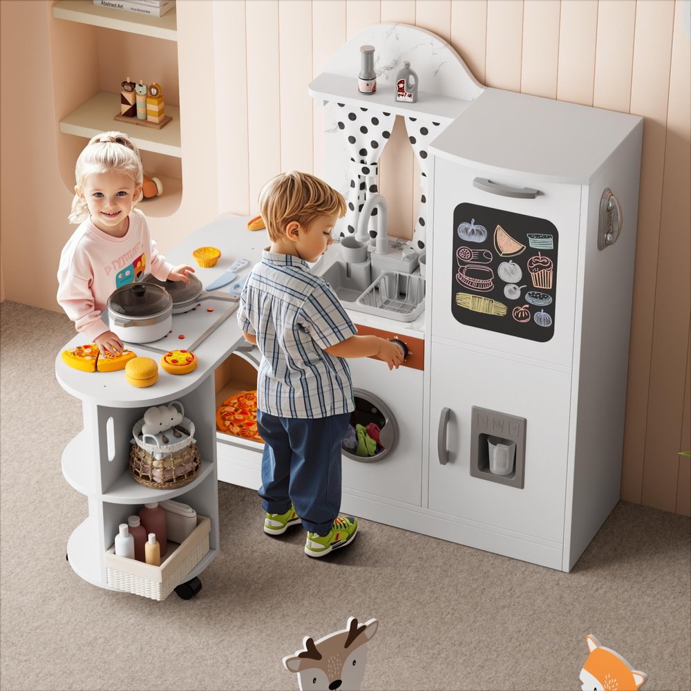 Wooden Play Kitchen with 180 Degree Rotation, Interactive Kids Corner Toy Kitchen Playset with Lights & Sounds, Toddler Kitchen Play Set with Realistic Accessories for Girls Boys Ages 3+, White