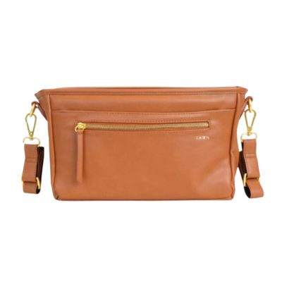 FAWN DESIGN The Stroller Caddy, Premium Matte Faux Leather Stroller Organizer with Cup Holder, Brown Diaper Bag with Adjustable Stroller Straps, 2 Exterior Pockets 1 Zipper Pocket, 14x 5x 7 inches