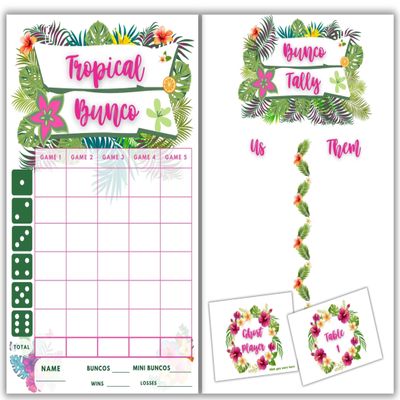 Tropical Hawaiian Theme Bunco Score Cards and Tally Sheets- Summer Bunco - Bunco Score Sheets - Holiday Themed Bunco - Scorecards - Tally Sheets - Ghost Player - Aloha Bunco - Bunco Game Kit