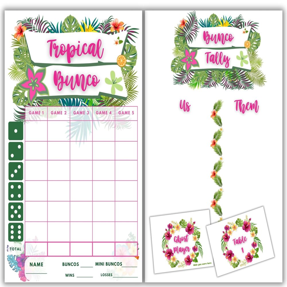 Tropical Hawaiian Theme Bunco Score Cards and Tally Sheets- Summer Bunco - Bunco Score Sheets - Holiday Themed Bunco - Scorecards - Tally Sheets - Ghost Player - Aloha Bunco - Bunco Game Kit