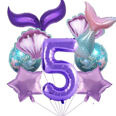 10Pcs Mermaid 5th Birthday Decorations Mylar Balloon for Mermaid Birthday Ocean Party Decorations Supplies for Baby Shower