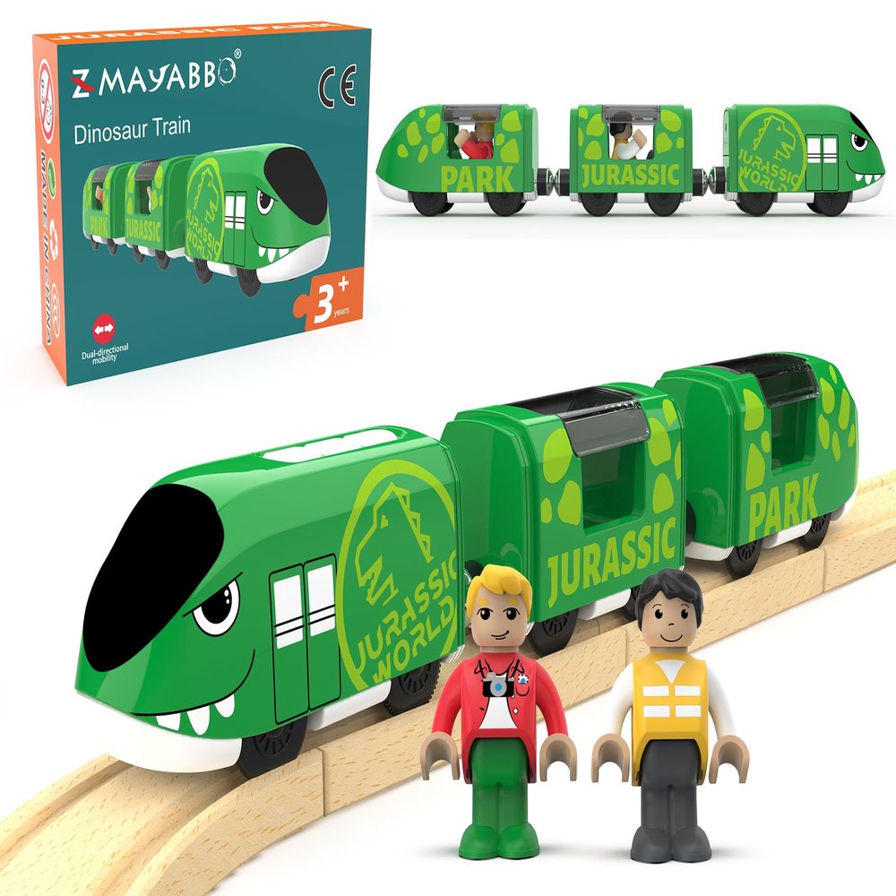 Toy Train Set for Wooden Tracks, Battery Operated Train for Toddlers, Motorized Train with Dinosaur Train for Kids, Electric Train Toy Compatible with Thomas & Friends, Brio