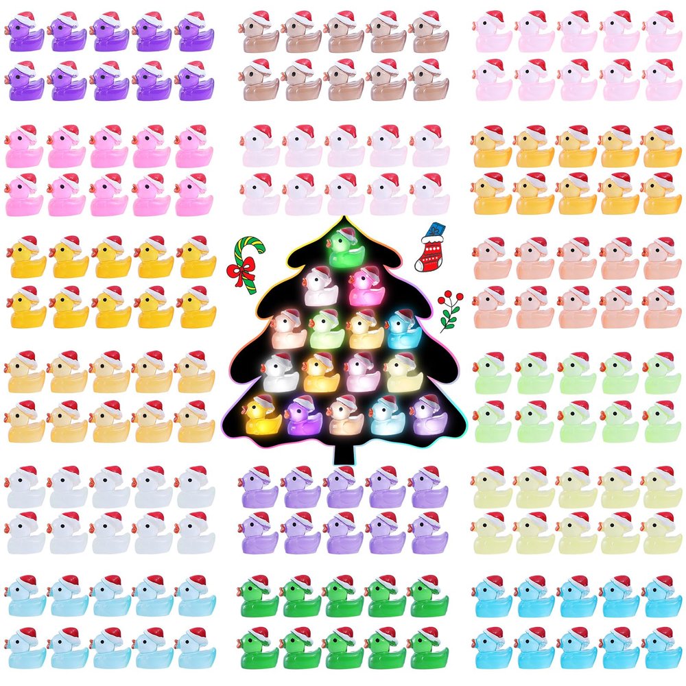 GliSun Christmas Mini Resin Ducks 160 Pack Luminous Tiny Duck Glow in The Dark for Garden Micro Landscape Ornament Dollhouse Plastic Tiny Figurines Birthday Party Favors DIY Decoration Craft