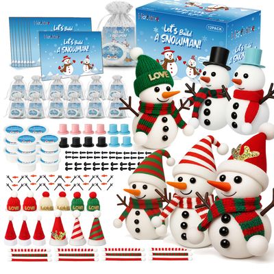 Christmas Crafts Snowman Kit with Cards, 12-Pack DIY Snowman Craft Kit for Kids, Creative Modeling Clay Build a Snowman Making Kit for Classroom Xmas Activities, Stocking Stuffers, Kids Toys Favors