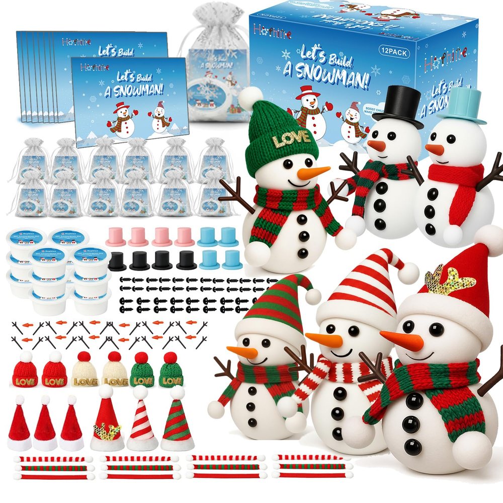 Christmas Crafts Snowman Kit with Cards, 12-Pack DIY Snowman Craft Kit for Kids, Creative Modeling Clay Build a Snowman Making Kit for Classroom Xmas Activities, Stocking Stuffers, Kids Toys Favors