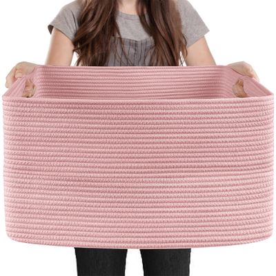 MEGASKET Extra Large Pink Storage Basket, 23.6" x 17" x 12" Rectangle Blanket Basket Living Room, Woven Cotton Rope Basket, Toy Basket Bins, Pink Baskets for Decor, Wicker Baby Laundry Basket
